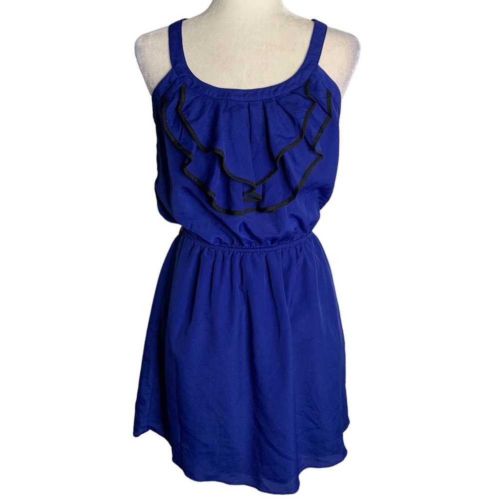 Express Sleeveless Ruffle Mini Dress S Blue Elastic Waist Lined Skirt Pockets